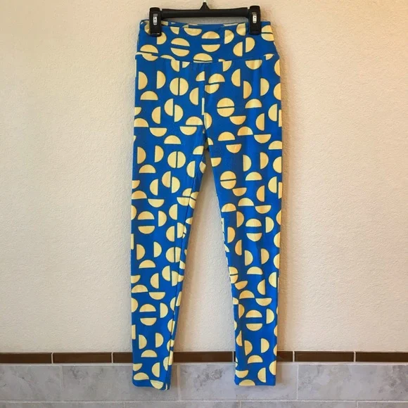 Lularoe Leggings Tights One Size Half Circles Print Blue Yellow - Picture 3 of 9